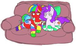 Size: 2370x1442 | Tagged: safe, artist:doodlegamertj, imported from derpibooru, oc, oc:barf, oc:mable syrup, pony, unicorn, bandana, blind, bow, clothes, couch, cutie mark, gay, leaf, male, simple background, sleepy, socks, striped socks, transparent background