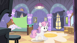 Size: 1280x720 | Tagged: safe, imported from derpibooru, screencap, sweetie belle, pony, unicorn, for whom the sweetie belle toils, banner, bed, bedroom, blank flank, blanket, box, carousel boutique, curtains, dresser, female, lamp, light, lightbulb, mirror, picture frame, pillow, poster, rug, running, solo, stool, window, worried