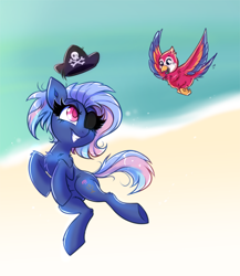 Size: 1280x1474 | Tagged: safe, artist:confetticakez, imported from derpibooru, oc, oc only, oc:bit rate, bird, earth pony, parrot, pony, eyepatch, hat, pirate hat, solo