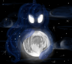 Size: 2800x2500 | Tagged: safe, artist:wourdeluck, imported from derpibooru, princess luna, alicorn, pony, female, glowing eyes, mare, moon, night, solo, stars, tangible heavenly object, white eyes