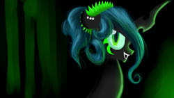 Size: 1920x1080 | Tagged: safe, artist:wourdeluck, imported from derpibooru, queen chrysalis, changeling, changeling queen, alternate hairstyle, bust, female, profile, solo