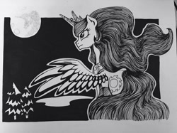 Size: 960x719 | Tagged: safe, artist:wourdeluck, imported from derpibooru, princess celestia, alicorn, pony, female, grayscale, mare, mare in the moon, monochrome, moon, night, solo, traditional art