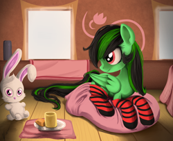 Size: 1600x1300 | Tagged: safe, artist:wourdeluck, imported from derpibooru, oc, oc only, pegasus, pony, rabbit, animal, clothes, pillow, plushie, socks, solo, striped socks