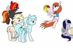 Size: 2176x1440 | Tagged: safe, artist:windy breeze, derpibooru exclusive, imported from derpibooru, oc, oc only, oc:flamerunner, oc:ire heaven, oc:stormlight, oc:windy breeze, oc:writer rhyme, pegasus, pony, unicorn, aroused, beach ball, bedroom eyes, blood, blushing, clothes, female, flying, male, mare, nosebleed, panties, pervert, pointing, ponytail, sandcastle, simple background, stallion, striped panties, striped underwear, swimsuit, tail, tail wrap, underwear, white background