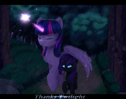 Size: 3200x2500 | Tagged: safe, artist:selena9966, imported from derpibooru, twilight sparkle, oc, oc:nyx, alicorn, pony, alicorn oc, forest, horn, magic, mama twilight, night, rain, twilight sparkle (alicorn), wing umbrella, wings