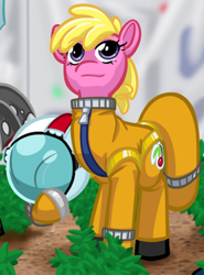 Size: 750x1015 | Tagged: safe, artist:texasuberalles, imported from derpibooru, cherry berry, earth pony, pony, fanfic:the maretian, astronaut, clothes, cropped, fanfic, fanfic art, female, food, helmet, mare, plants, pose, smiling, spacesuit, the martian