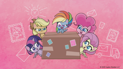 Size: 1920x1081 | Tagged: safe, imported from derpibooru, screencap, applejack, fluttershy, pinkie pie, rainbow dash, twilight sparkle, alicorn, pony, how applejack got her hat back, my little pony: pony life, spoiler:pony life s01e04, box, female, g4.5, twilight sparkle (alicorn)