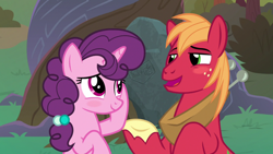 Size: 1920x1080 | Tagged: safe, imported from derpibooru, screencap, big macintosh, sugar belle, the big mac question, apple, apple tree, blushing, intertwined trees, pear tree, rock, tree