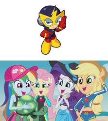 Size: 1280x1439 | Tagged: safe, edit, edited screencap, imported from derpibooru, screencap, applejack, fluttershy, rainbow dash, rarity, tank, aww... baby turtles, equestria girls, equestria girls series, cap, clothes, elec man, geode of empathy, geode of fauna, geode of sugar bombs, geode of super speed, geode of super strength, geode of telekinesis, hat, magical geodes, mega man (series), megaman, sarong, sun hat, swimsuit, wetsuit