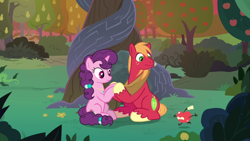 Size: 1920x1080 | Tagged: safe, imported from derpibooru, screencap, big macintosh, sugar belle, the big mac question, apple, apple tree, food, holding hooves, intertwined trees, pear tree, rock, tree