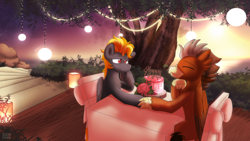 Size: 3840x2160 | Tagged: safe, artist:sugar morning, imported from derpibooru, oc, oc only, oc:digidash, oc:grimvale, griffon, pegasus, pony, anniversary, cake, date, food, gay, griffon oc, love, male, pegasus oc, restaurant, romantic, sunset, tree, wings