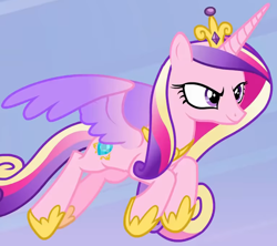 Size: 1462x1297 | Tagged: safe, imported from derpibooru, screencap, princess cadance, alicorn, pony, best gift ever, cropped, crown, female, flying, hoof shoes, jewelry, mare, regalia, smug, solo, spread wings, tiara, wings