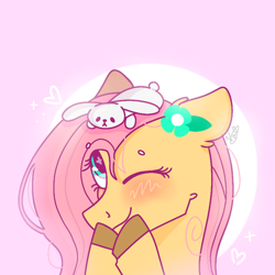 Size: 768x768 | Tagged: safe, artist:valkiria, derpibooru exclusive, imported from derpibooru, angel bunny, fluttershy, pegasus, pony, angelbetes, blushing, cute, flower, heart, pink background, shyabetes, simple background