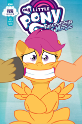 Size: 1186x1800 | Tagged: safe, artist:nanook123, idw, imported from derpibooru, mane allgood, scootaloo, snap shutter, pegasus, pony, spoiler:comic, spoiler:comic93, cover, forced smile, official, season 10, smiling