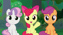 Size: 1920x1080 | Tagged: safe, imported from derpibooru, screencap, apple bloom, scootaloo, sweetie belle, earth pony, pegasus, pony, unicorn, the big mac question, adorabloom, apple bloom's bow, bow, cute, cutealoo, cutie mark crusaders, diasweetes, female, filly, foal, folded wings, hair bow, looking at you, open mouth, raised hoof, sitting, smiling, waving, wings