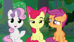 Size: 1920x1080 | Tagged: safe, imported from derpibooru, screencap, apple bloom, scootaloo, sweetie belle, the big mac question, cutie mark crusaders