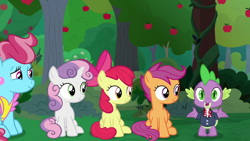 Size: 1920x1080 | Tagged: safe, imported from derpibooru, screencap, apple bloom, cup cake, scootaloo, spike, sweetie belle, dragon, the big mac question, apple, apple tree, cutie mark crusaders, tree, winged spike, wings