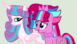 Size: 1148x656 | Tagged: safe, artist:jadeharmony, artist:jadethepegasus, imported from derpibooru, princess flurry heart, oc, oc:bubble sparkle, bubbleverse, alternate universe, base used, cousins, female, magical lesbian spawn, magical threesome spawn, multiple parents, next generation, offspring, older, older flurry heart, parent:glitter drops, parent:spring rain, parent:tempest shadow, parent:twilight sparkle, parents:glittershadow, parents:sprglitemplight, parents:springdrops, parents:springshadow, parents:springshadowdrops, simple background, transparent background