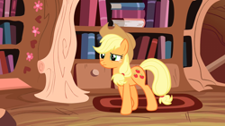 Size: 1280x720 | Tagged: safe, imported from derpibooru, screencap, applejack, earth pony, pony, spike at your service, female, golden oaks library, mare, solo, walking