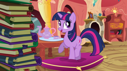 Size: 1280x720 | Tagged: safe, imported from derpibooru, screencap, twilight sparkle, pony, unicorn, spike at your service, adorkable, book, bookshelf, cushion, cute, dork, female, food, golden oaks library, raised hoof, solo, tea, twiabetes, unicorn twilight