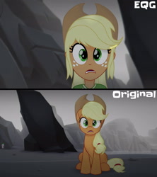 Size: 3120x3510 | Tagged: safe, artist:aryatheeditor, imported from derpibooru, screencap, applejack, spike, earth pony, pony, equestria girls, my little pony: the movie, applejack's hat, clothes, comparison, cowboy hat, cute, digital art, equestria girls interpretation, female, geode of super strength, hat, human and pony, jackabetes, looking at you, magical geodes, mare, movie, movie accurate, movie reference, outfit, scene interpretation, screencap reference, shirt, shocked, shocked expression