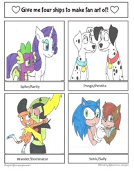 Size: 722x932 | Tagged: safe, artist:carlycmarathecat, artist:cmara, imported from derpibooru, rarity, spike, anthro, dalmatian, dog, dragon, hedgehog, pony, squirrel, unicorn, 101 dalmatians, anthro with ponies, bust, clothes, collar, crossover, female, four ships fanart, gloves, hug, lord dominator, male, mare, perdita finn, pongo, sally acorn, shipping, smiling, sonic the hedgehog, sonic the hedgehog (series), sparity, straight, traditional art, wander (wander over yonder), wander over yonder, winged spike