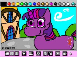 Size: 897x672 | Tagged: safe, artist:po1sonseede/azazel, imported from derpibooru, twilight sparkle, pony, unicorn, daytime, happy, mario paint, ponyville, unicorn twilight