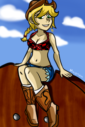 Size: 800x1200 | Tagged: safe, artist:magnum3000, imported from derpibooru, applejack, human, alternate hairstyle, boots, braid, breasts, busty applejack, clothes, cloud, daisy dukes, female, hat, humanized, midriff, outdoors, shoes, shorts, sitting, smiling, solo, straw in mouth