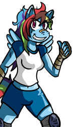 Size: 437x754 | Tagged: safe, artist:magnum3000, imported from derpibooru, rainbow dash, anthro, pegasus, arm wraps, bandaid, bandaid on nose, clothes, female, grin, knee pads, shirt, shorts, simple background, smiling, solo, t-shirt, tomboy, white background