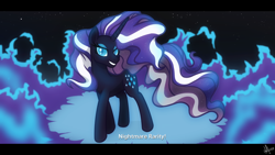 Size: 1920x1080 | Tagged: safe, artist:whitequartztheartist, idw, imported from derpibooru, nightmare rarity, pony, unicorn, blue fire, magic, night, shadows, smiling, solo, subtitles