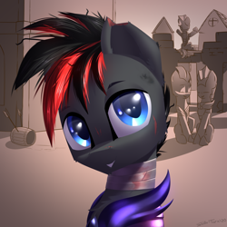 Size: 2600x2600 | Tagged: safe, artist:shido-tara, imported from derpibooru, oc, oc only, bat pony, pony, armor, commission, guard, looking at you, night guard armor, simple background, smiling, ych result