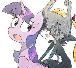 Size: 1555x1400 | Tagged: safe, artist:fuyugi, artist:nendo, imported from derpibooru, twilight sparkle, alicorn, pony, unicorn, crossover, midna, namesake, open mouth, pun, riding a pony, simple background, the legend of zelda, the legend of zelda: twilight princess, twilight sparkle (alicorn), unicorn twilight, visual pun, white background