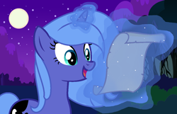 Size: 1082x698 | Tagged: safe, artist:stellamoonshine, artist:stellamoonshineyt, imported from derpibooru, princess luna, pony, female, magic, night, s1 luna, scroll, solo, unicorn luna