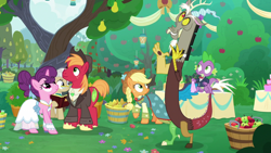 Size: 1920x1080 | Tagged: safe, imported from derpibooru, screencap, applejack, big macintosh, discord, mayor mare, spike, sugar belle, dragon, earth pony, pony, the big mac question, apple, apple tree, book, clothes, dress, food, intertwined trees, pear, pear tree, rock, tree, wedding dress, winged spike, wings