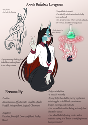 Size: 2865x4051 | Tagged: safe, artist:blackblood-queen, imported from derpibooru, oc, oc only, oc:annie belle, anthro, dracony, dragon, hybrid, pony, unguligrade anthro, unicorn, anthro oc, blaze (coat marking), blouse, coat markings, curved horn, digital art, facial markings, female, glasses, horn, leonine tail, magic, magic circle, mare, necktie, peace sign, potion, slit eyes, slit pupils, smiling, solo, unicorn oc