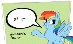 Size: 2009x1217 | Tagged: safe, artist:heretichesh, imported from derpibooru, rainbow dash, pegasus, pony, /mlp/, advice, drawthread, female, five nights at fuckboy's, git gud, my little fucking pony, raised hoof, requested art, solo, speech bubble, talking to viewer