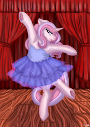 Size: 2894x4093 | Tagged: safe, artist:sugar lollipop, imported from derpibooru, oc, oc only, oc:sugar lollipop, pony, unicorn, angry, arms in the air, ballerina, ballet, chubby, clothes, complex background, cute, dancing, dress, en pointe, female, frog (hoof), horn, mare, request, requested art, scenery, solo, tiptoe, tutu, underhoof, unicorn oc