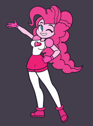 Size: 2600x3500 | Tagged: safe, artist:khuzang, imported from derpibooru, pinkie pie, equestria girls, cartoon network, clothes, commission, commissioner:imperfectxiii, cosplay, costume, crossover, female, gloves, grin, one eye closed, pinel, poofy hair, rubber gloves, simple background, smiling, solo, spinel (steven universe), steven universe, steven universe: the movie, wink