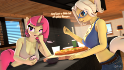 Size: 1920x1080 | Tagged: safe, artist:anthroponiessfm, imported from derpibooru, oc, oc:azha magna, oc:spicy flavor, anthro, 3d, anthro oc, breasts, clothes, female, food, glasses, pizza, pun, shirt, shorts, sigh, silly, source filmmaker