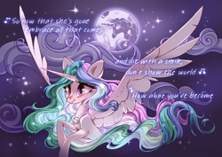 Size: 4093x2894 | Tagged: safe, artist:shore2020, imported from derpibooru, princess celestia, alicorn, pony, crying, female, jewelry, mare, mare in the moon, moon, necklace, night, solo, spread wings, wings