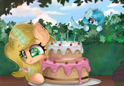 Size: 6111x4248 | Tagged: safe, artist:janelearts, imported from derpibooru, oc, oc only, pegasus, pony, unicorn, absurd resolution, cake, female, food, magic, mare