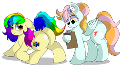 Size: 7700x4200 | Tagged: safe, artist:rainbowtashie, imported from derpibooru, lightning dust, nurse redheart, oc, oc:instant care, oc:rainbow tashie, earth pony, pegasus, pony, blushing, butt, clipboard, commissioner:bigonionbean, cutie mark, embarrassed, extra thicc, female, flank, fusion, fusion:instant care, fusion:lightning dust, fusion:nurse redheart, hat, mare, nurse hat, plot, scrunchy face, simple background, transparent background, writer:bigonionbean