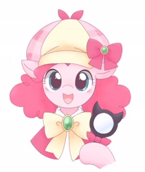 Size: 1729x2048 | Tagged: dead source, safe, artist:arrow__root, artist:ginmaruxx, imported from derpibooru, pinkie pie, earth pony, pony, alternate hairstyle, bust, clothes, cosplay, costume, crossover, cute, deerstalker, detective, diapinkes, female, hat, hoof hold, looking at you, magnifying glass, mare, open mouth, sherlock shellingford, simple background, smiling, solo, suzuko mimori, tantei opera milky holmes, tstivv is trying to murder us, voice actor joke, white background