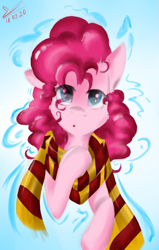 Size: 1029x1620 | Tagged: safe, artist:yuris, imported from derpibooru, pinkie pie, pony, female, gryffindor, gryffindor scarf, harry potter (series), solo