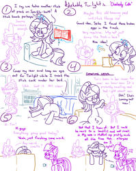 Size: 4779x6013 | Tagged: safe, artist:adorkabletwilightandfriends, imported from derpibooru, spike, starlight glimmer, twilight sparkle, alicorn, dragon, pony, unicorn, comic:adorkable twilight and friends, adorkable, adorkable twilight, allergies, ass up, bag, banana, bed, bedroom, book, butt, comic, couch, cute, dimples, dimples of venus, dork, egg, eggshell, fail, food, friendship, glimmer glutes, glowing horn, horn, humor, lying down, magic, nostril flare, nostrils, plot, prank, prank fail, scheming, sitting, slice of life, sniffing, sniffling, stink bomb, tail, telekinesis, twilight sparkle (alicorn)