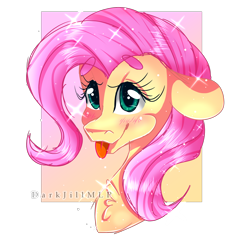 Size: 2000x2000 | Tagged: safe, artist:darkjillmlp123, imported from derpibooru, fluttershy, pegasus, pony, :p, beanbrows, blushing, bust, chest fluff, cute, eyebrows, eyebrows visible through hair, female, floppy ears, gradient background, high res, looking at you, mare, partial background, portrait, shyabetes, simple background, smiling, solo, sparkles, three quarter view, tongue out, transparent background