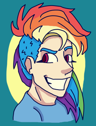 Size: 1508x1960 | Tagged: safe, artist:theedgyduck, imported from derpibooru, rainbow dash, human, my little pony: pony life, alternate hairstyle, big hair, bust, cel shading, dreamworks face, female, g4.5, humanized, mohawk, portrait, shading, simple background, solo