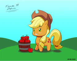 Size: 902x720 | Tagged: safe, alternate version, artist:fernandojc-draftsman, imported from derpibooru, applejack, earth pony, pony, apple, bucket, chibi, colored, female, food, freckles, hat, mare, signature, smiling, solo