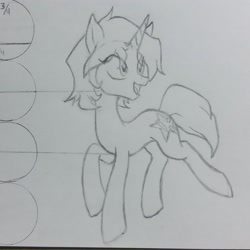 Size: 2253x2253 | Tagged: safe, artist:fernandojc-draftsman, imported from derpibooru, oc, oc only, oc:creativity style, pony, unicorn, female, horn, lineart, looking back, mare, monochrome, open mouth, rule 63, smiling, solo, traditional art, unicorn oc