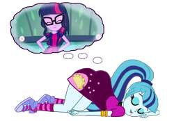 Size: 3000x2083 | Tagged: safe, artist:gmaplay, imported from derpibooru, sci-twi, sonata dusk, twilight sparkle, equestria girls, ass, butt, clothes, converse, dream bubble, female, lesbian, sci-twinata, shipping, shoes, simple background, socks, sonata donk, transparent background, twinata